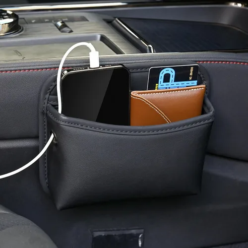 Vista 5 de JEYODA Bolsillo de almacenamiento lateral para asiento de auto, organizador pequeño, bolsa organizadora lateral de consola de cuero sintético