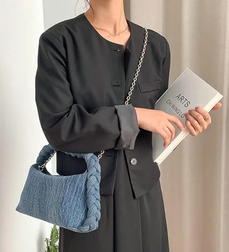Vista 3 de Bolso de mano de mezclilla para mujer, bolso de mano tejido a mano, bolso cruzado casual, bolso de hombro, bolso de mensajero de cadena de moda