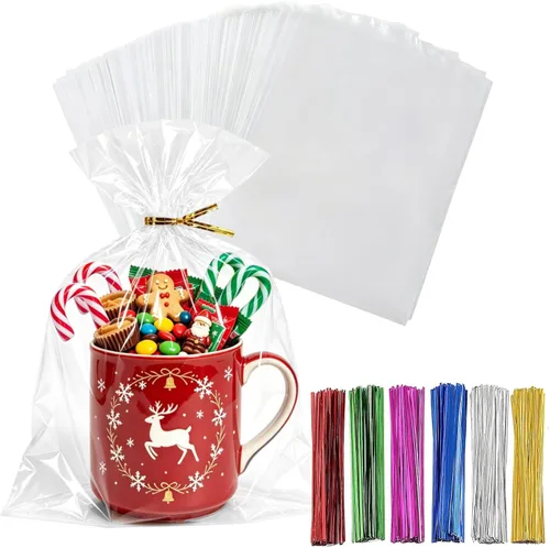 Vista 9 de 200 bolsas de celofán planas de celofán de 4 x 9 pulgadas, transparentes y gruesas, con lazos torcidos de 6 colores, embalaje, galletas, dulces
