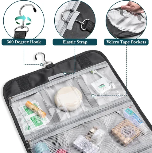 Vista 3 de PAVILIA - Neceser colgante para mujer y hombre, kit de viaje plegable organizador de artículos de tocador, bolsa de cosméticos enrollable, estuche