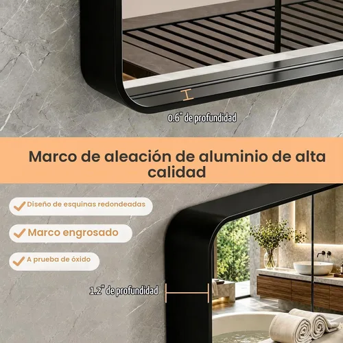 Vista 5 de JISOSO - Espejo de baño negro de 20x30 pulgadas con marco de metal negro, espejo de tocador rectangular redondeado con acabado mate para pared