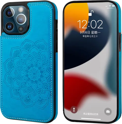 Vista 3 de Vaburs Funda compatible con iPhone 13 Pro Max con tarjetero y diseño de mandala en relieve, de piel sintética, doble botones, a prueba de golpes