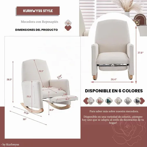 Vista 2 de Mecedora moderna para guardería, cómoda silla de guardería con reposapiés, mecedora tapizada con bolsillo, sillón de lectura con base de madera