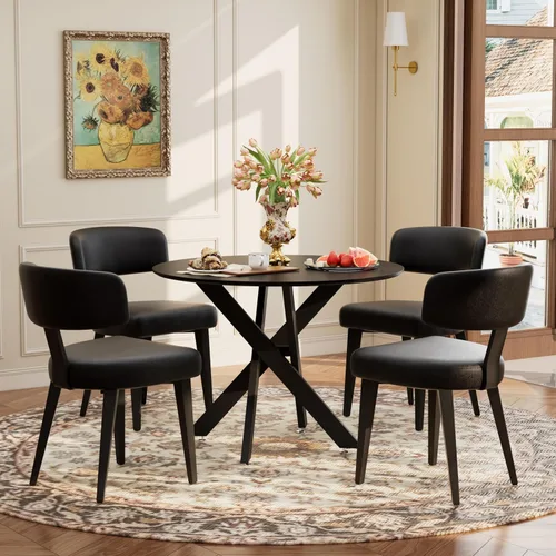 Vista 27 de Juego de mesa de comedor de madera para 2, mesa de cocina redonda de 36 pulgadas con 2 sillas de comedor Boucle, mesa de MDF con patas de metal