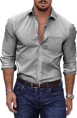 Vista 2 de Rela Bota Camisas de vestir a la moda para hombre, camisas de manga larga estilo Henley con botones, camisas de algodón ajustadas
