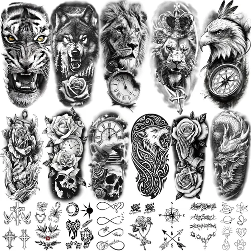 Vista 7 de 77 hojas de tatuajes temporales 3D para hombres y mujeres, diseño de león, tigre, dragón, araña, escorpión, serpiente, medusa, rosa, para cuello