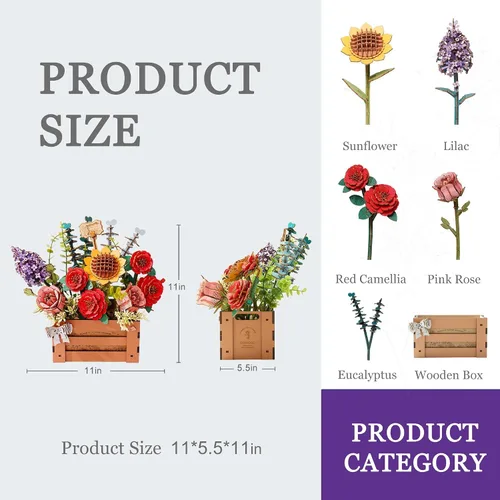 Vista 3 de Rompecabezas de Flores de Madera 3D para Adultos - Caja de Floración de Madera, Kit de Modelo de Manualidades DIY, Conjunto de Construcción