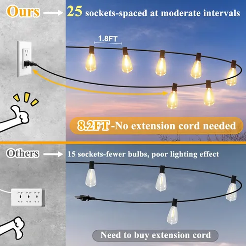 Vista 3 de 50FT Outdoor String Lights 27 Bulbs, Waterproof Patio Lights (Pack of 2)
