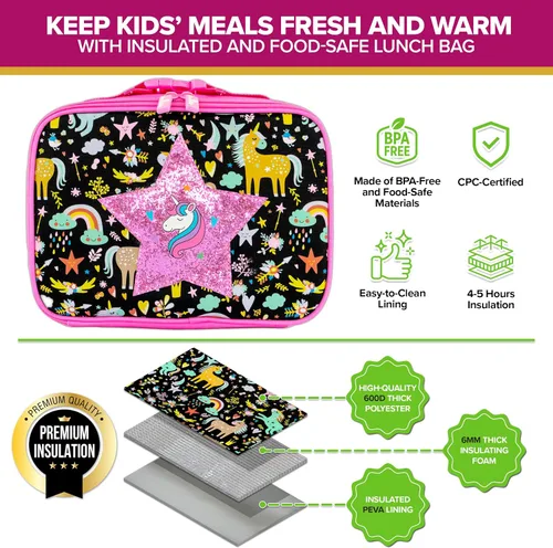 Vista 2 de Decorably Lonchera aislada de unicornio para niñas con diseño de parche de estrella brillante, fácil de limpiar, resistente al agua, con bolsillo