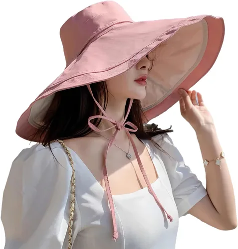 Vista 46 de Sombrero de sol de ala súper ancha para mujer, de algodón, plegable, reversible, con borde con cable, protección UV, verano, playa, viajes, jardín