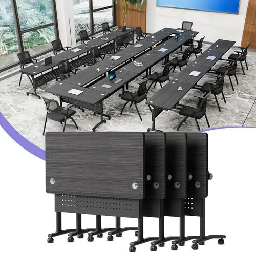 Vista 8 de Mesa de conferencias plegable con ruedas, mesa modular para sala de conferencias con 2 ojales para cables, mesas móviles de sala de reuniones