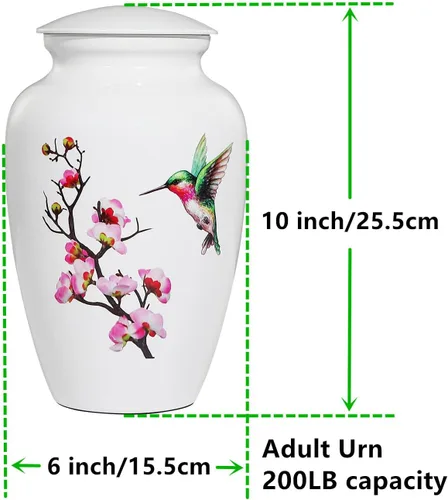 Vista 3 de Urna de cremación de colibrí para cenizas adultas, urna funeraria blanca, urna decorativa grande con bolsa de terciopelo, capacidad de hasta 200