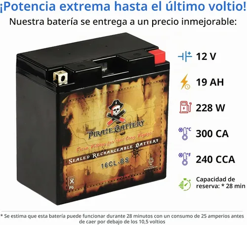 Vista 3 de Pirate Battery YB16CL-B - Batería de repuesto para Yamaha Wave Runner All CC 87-'09, Kawasaki, Polaris y ATV