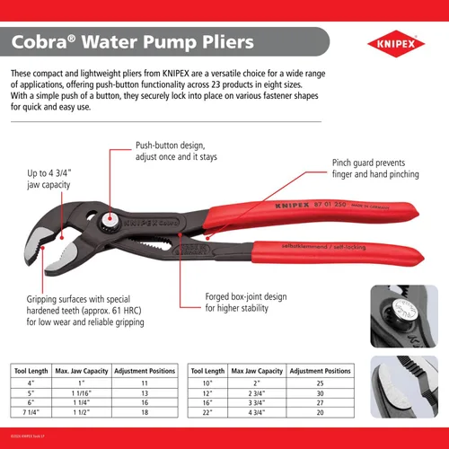 Vista 3 de KNIPEX 87 01 125 Alicates Cobra SBA Alicates de bomba de agua ajustables de 5 pulgadas Acero al cromo vanadio, autobloqueante, duradero, agarre