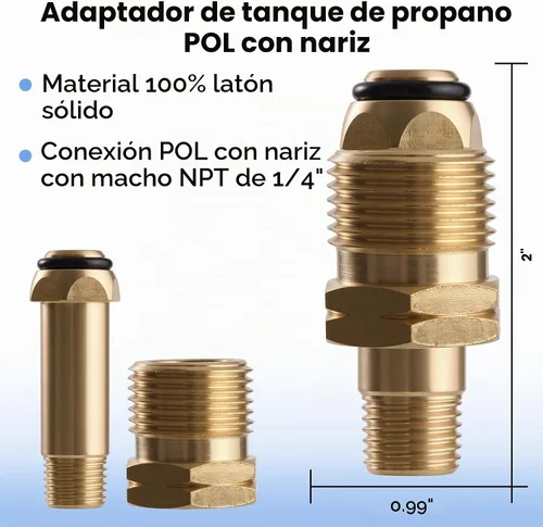Vista 2 de Adaptador de montaje de gas propano POL de nariz blanda con flujo excesivo x rosca macho de 1/4 pulgadas, latón