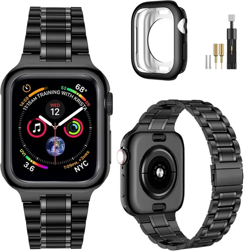 Vista 21 de MioHHR - Correas sólidas de acero inoxidable compatibles con Apple Watch de 38 mm, 40 mm, 41 mm, correa de metal con estuche suave de TPU para Negro