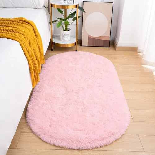 Vista 18 de Goideal - Alfombra esponjosa de dormitorio, alfombra pequeña ovalada, alfombra negra peluda para mesita de noche, ideal para habitación infantil
