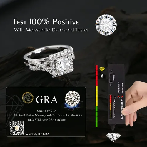 Vista 3 de Moissanite 2CT Princess Cut Halo Split Shank Solitaire Rings,D VVS1 Lab Created Diamond Ring 18K White Gold Plated S925 Sterling Silver Band