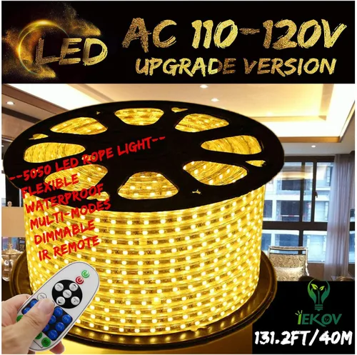 Vista 11 de Tira de luces LED de color blanco cálido, AC 110-120V, flexible/resistente al agua/función de múltiples modos/regulable, cuerda de luces LED SMD5050