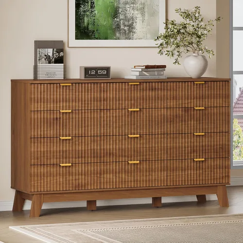 Vista 52 de BORNOON Mesita de noche de 30.5" con estación de carga, cómoda de dormitorio acanalada de 3 cajones, cómoda de madera junto a la cama con tomas