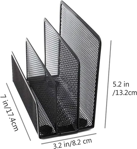 Vista 2 de VANRA Organizador de sobres de escritorio con 2 letras pequeñas, malla metálica con 3 compartimentos verticales verticales (2 negros)
