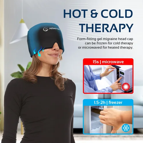 Vista 4 de Gorro de alivio de migraña para la cabeza y sombrero Paquete de gel caliente/frío con compresa de máscara facial y de ojos para aliviar el dolor