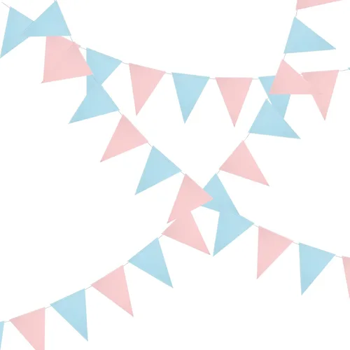 Vista 4 de Mefuny Banderín de revelación de género de 30 pies, 48 unidades, color azul claro y rosa, banderas triangulares de papel para decoración para baby