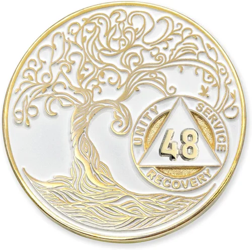 Vista 57 de 1 año Sobriety Mint Twisted Tree of Life Medallón de recuperación AA chapado en oro, chip/ficha - negro