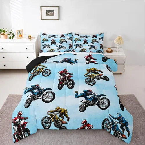 Vista 10 de Erosebridal Juego de ropa de cama de motocross tamaño individual, juego de edredón deportivo extremo para niños y adolescentes, edredón acolchado
