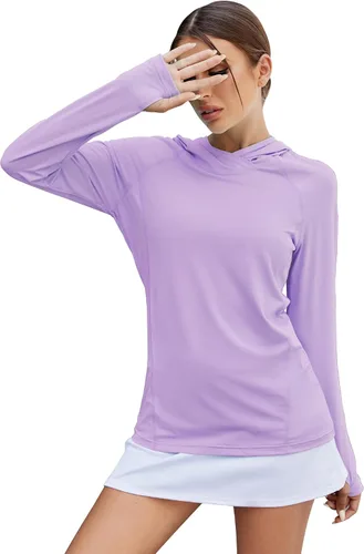 Vista 18 de LUYAA - Sudaderas con capucha para mujer, protección solar UPF 50+, transpirables, elásticas, para senderismo, manga larga, para correr Beige