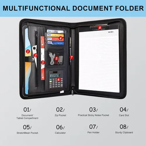 Vista 3 de Eshow Padfolio para hombres y mujeres con bolígrafo, cartera de cuero con cremallera, organizador profesional de currículum de entrevistas