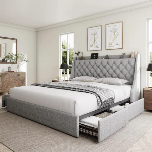 Vista 17 de GalnFu Marco de cama de tamaño completo con 4 cajones de almacenamiento, cabecera tapizada grande tipo wingback, estación de carga rápida,