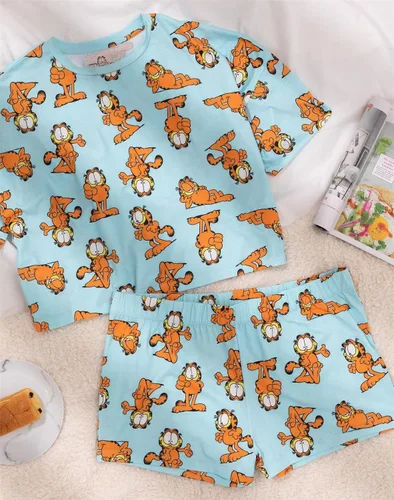 Vista 7 de Garfield Pijama para mujer Camiseta corta para mujer adulta con pantalones cortos y pantalones cortos, pijama azul con estampado de gato de dibujos