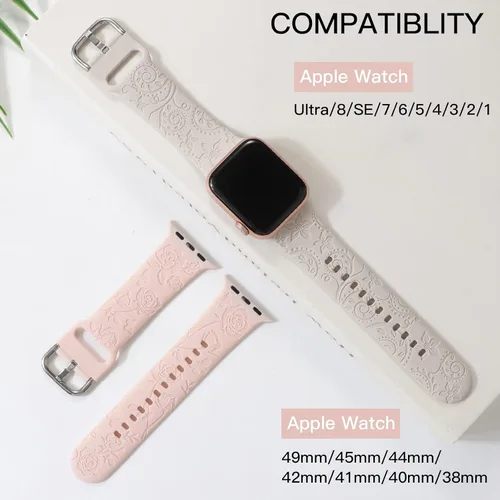 Vista 4 de Correas con grabado de flores compatibles con Apple Watch Band 1.614 in 1.575 in 1.496 in 1.732 in 1.654 in 1.772 in 1.929 in, correa deportiva