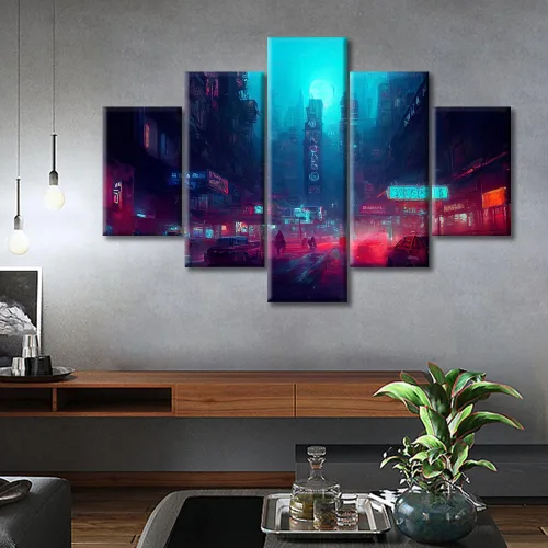 Vista 171 de Cuadros de 5 paneles de Cyberpunk City, arte de pared, representación de vallas publicitarias, edificios modernos en la capital con obras de arte