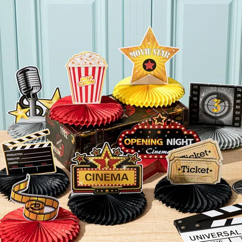 Vista 5 de Chinco 12 piezas de decoración de fiesta nocturna de cine, suministros de centro de mesa de panal de abeja 3D, micrófono, boleto, estrella, video