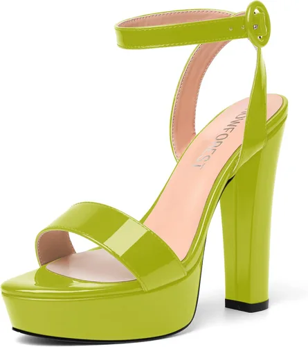 Vista 26 de SHOWFOREST Sandalias de tacón alto para mujer, con hebilla de plataforma y hebilla de charol y correa de tobillo de bloque sólido, 5 pulgadas Beige