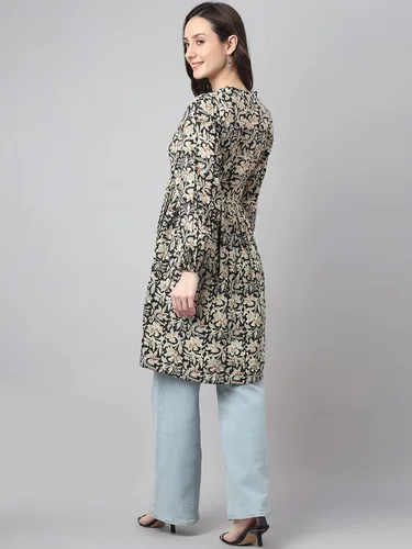 Vista 8 de Janasya Túnica acampanada con estampado floral de algodón negro para mujer india