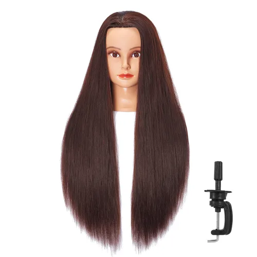 Vista 11 de 26-28" Cabeza de maniquí con cabello de fibra sintética Yaki para estilizar, cabeza de muñeca para entrenamiento de cosmetología, cabeza de maniquí