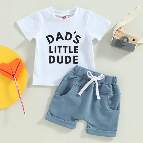 Vista 59 de Conjunto de traje de verano para bebé niño pequeño, manga corta, cuello redondo, letras impresas, lindo traje de verano, conjunto de 2 piezas