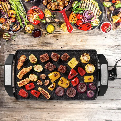 Vista 8 de Starfrit The Rock Electric - Parrilla y plancha reversible Rock.Tec antiadherente, control de temperatura variable, asas de tacto frío, 1500 W