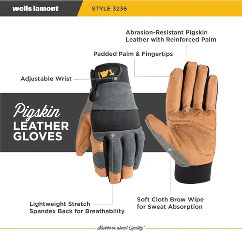 Vista 2 de Wells Lamont - Guantes de trabajo híbridos de piel de cerdo para hombre, talla XL Pigskin Leather, Reinforced Palm, Reinforced Fingertips, Stretch