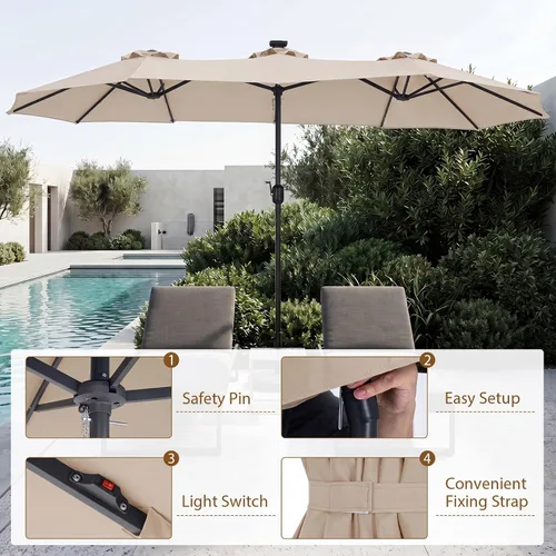 Vista 7 de Tangkula Sombrilla solar de patio de 13 pies, sombrilla de doble cara extra grande para mesa de mercado al aire libre con 36 luces LED, mango