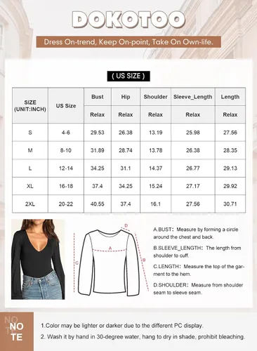 Vista 4 de Dokotoo Body de manga larga abombada con cuello en V profundo para mujer, color liso, con vuelo