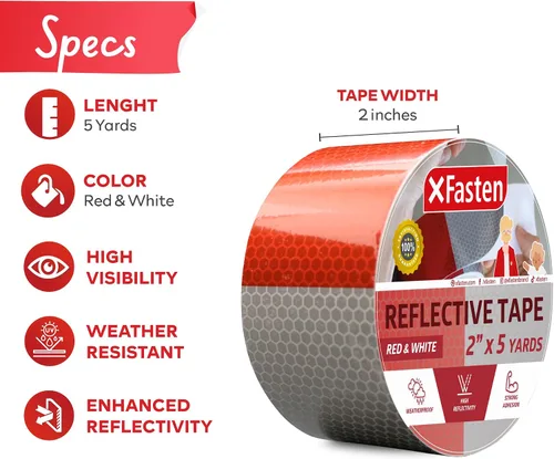 Vista 2 de XFasten Cinta reflectante, rojo y blanco, 2 pulgadas por 5 yardas, alta intensidad, cinta de seguridad DOT-C2, impermeable, reflector de remolque