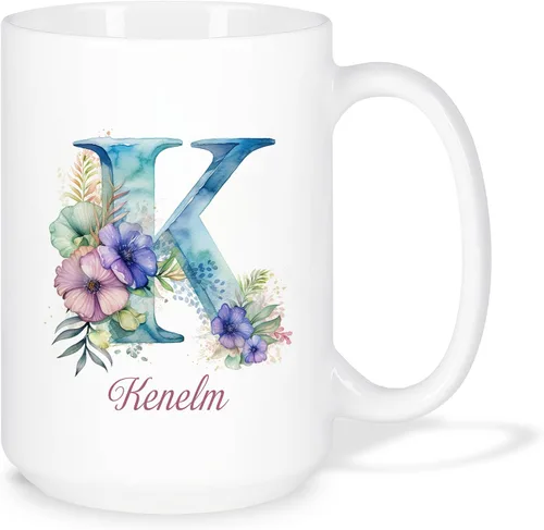 Vista 23 de Taza de café personalizada de la letra A del alfabeto, Taza de café blanca con nombre personalizado único, Taza inicial de monograma floral