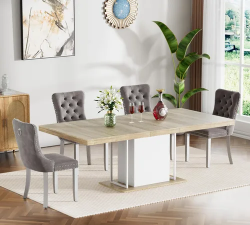 Vista 96 de Juego de mesa de comedor extensible de 5 piezas, juego de mesa de comedor extensible de estilo granja para 4, mesa de cocina expandible de madera