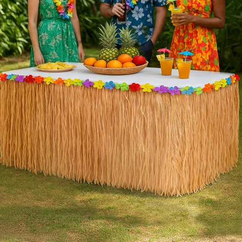 Vista 2 de GiftExpress Falda de mesa de hierba Luau de 9 pies x 29.5 pulgadas, falda de fiesta temática hawaiana con decoración de flores de hibisco, telón