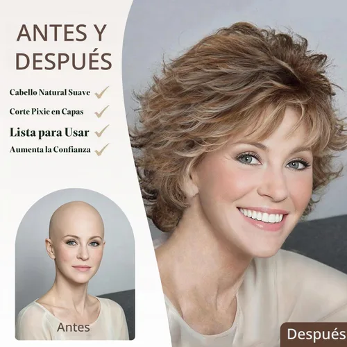 Vista 5 de SEVENCOLORS - Pelucas cortas onduladas de color marrón para mujeres blancas, peluca de cabello sintético con capas de rubio mezclado natural y rubio