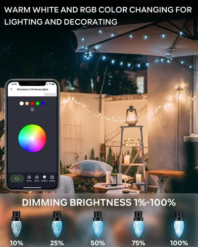 Vista 4 de Luces de Navidad dinámicas C9 para exteriores, 33 pies, 50 LED inteligentes RGB, control remoto por aplicación, conectable, impermeable, música